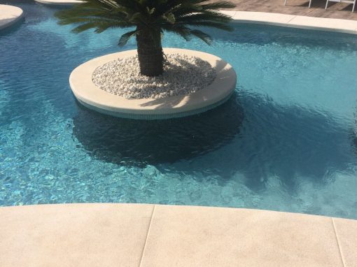 PISCINA FORMA RIÑÓN CON GRESITE NEGRO Y GRIS